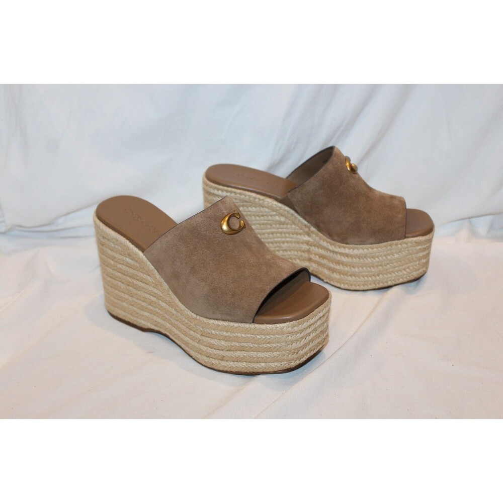 COACH Women Suede Espadrille Platform Wedge Slide Sandals Coconut Brown NEW 8.5